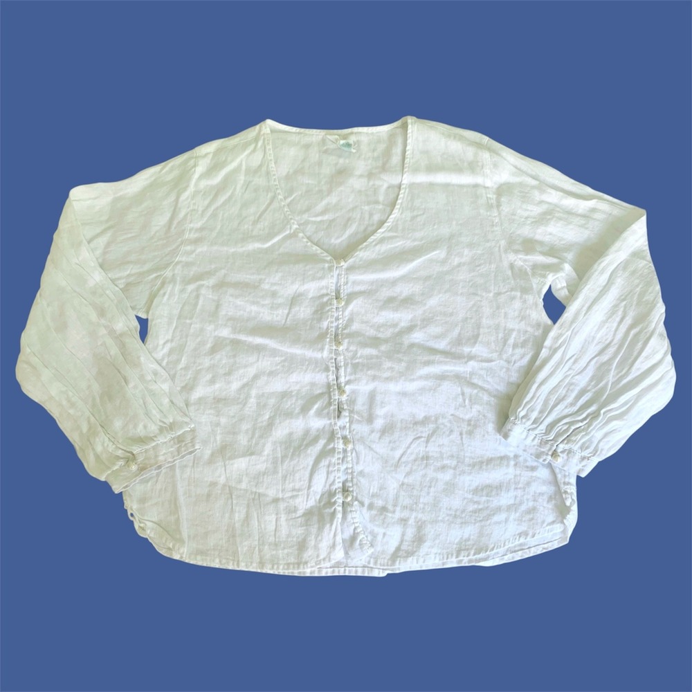 Cynthia‎ Rowley Linen Blouse Women L White Button Front Coastal Cottagecore Boho